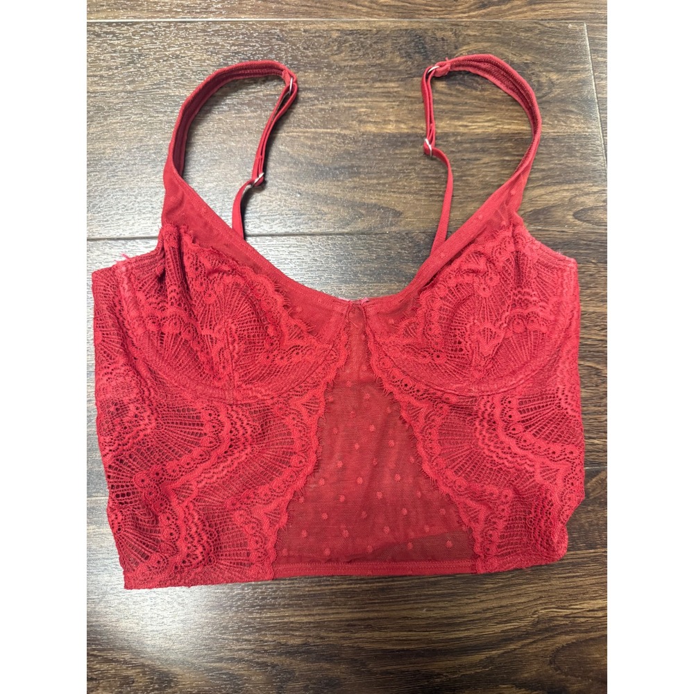 Red Lace & Swiss Dot Mesh Longline Bralette‎ XS